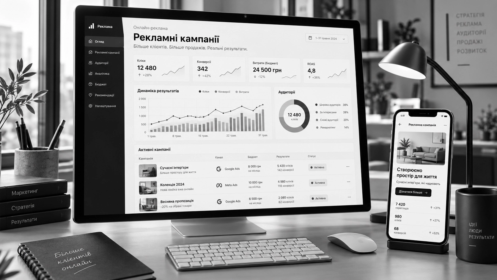 Monochrome Ukrainian Advertising Dashboard Workspace
