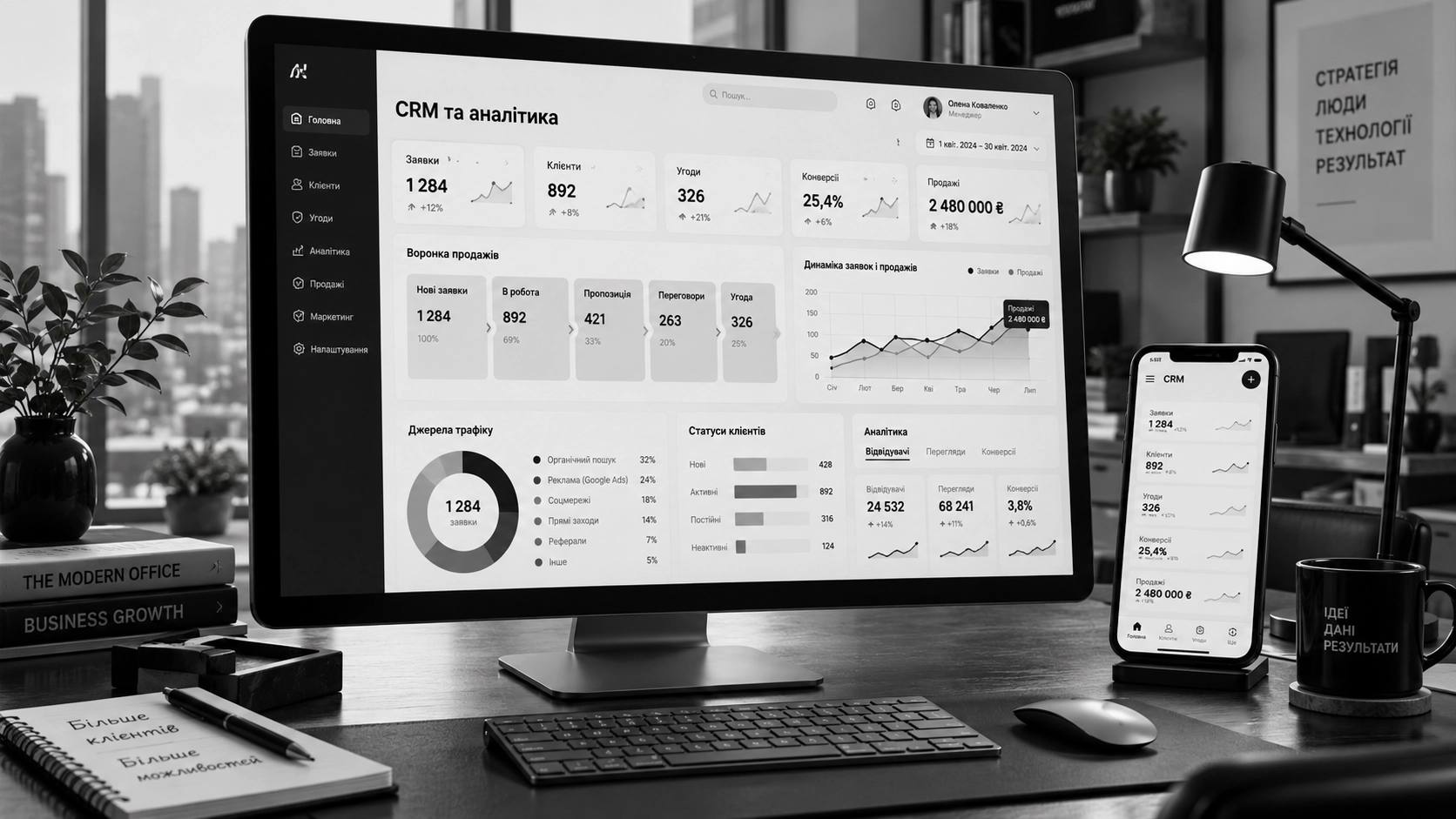 Monochrome Ukrainian CRM Office Dashboard