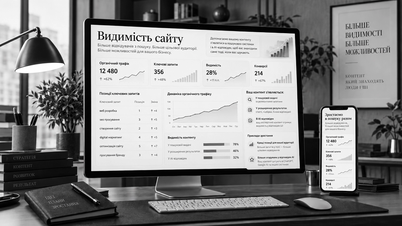 Monochrome Website Visibility Dashboard